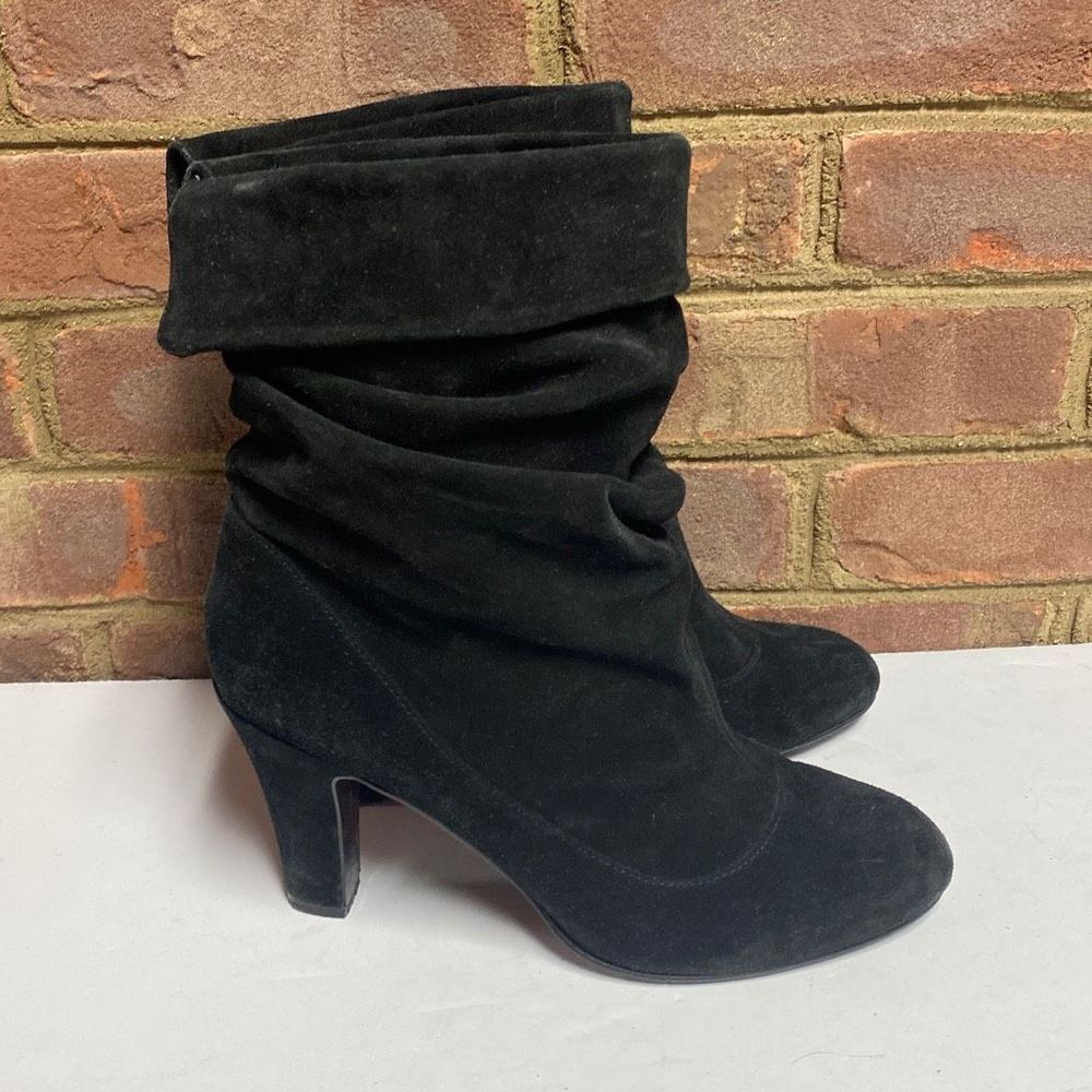 Nine West Black Leather Suede Slouch Heeled Boot Size 9